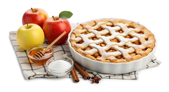 Homemade apple pie with fresh apples, honey, and sugar on a checkered cloth isolated on white background