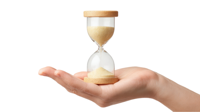 Hand Holding Hourglass: Time Concept on White Background