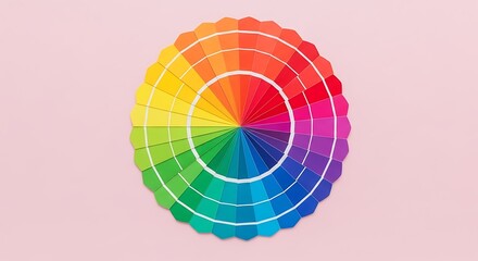 A colorful color wheel with many shades and hues on a light pink background