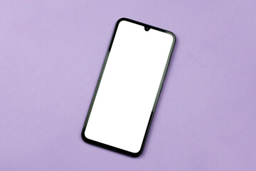 Smartphone with white screen on purple background. Purple concept. White screen concept.