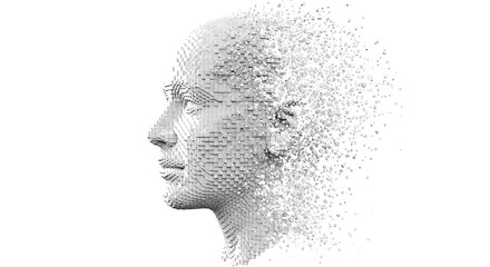 Abstract 3d render of a human head dissolving into digital particles