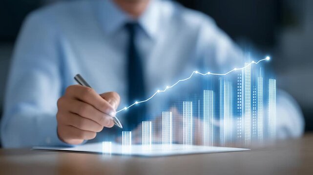 Entrepreneur smiling with excitement while reviewing holographic projections of neighborhood property appreciation, symbolizing smart portfolio management, data-driven real estate growth, and