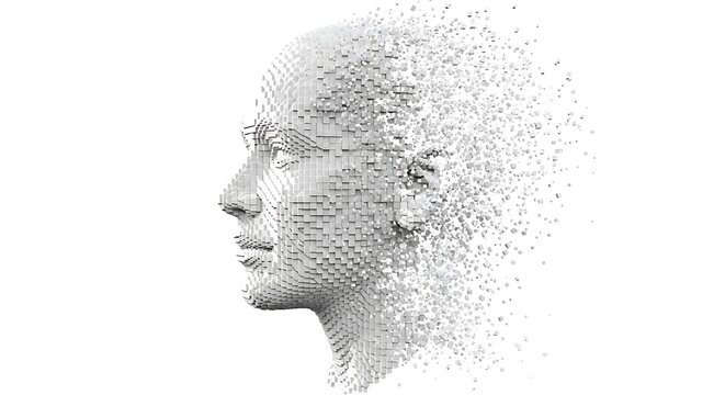 Abstract 3d render of a human head dissolving into digital particles - Powered by Adobe