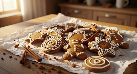 Pile of Festive Gingerbread Cookies Decorated with White Icing and Cinnamon Sticks on Rustic Kitchen Table