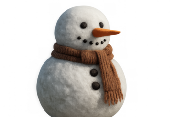 Snowman wearing a brown scarf and carrot nose, symbolizing winter holidays, christmas, and festive celebration on transparent background