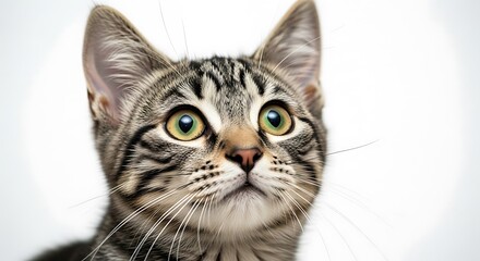 Obraz premium Closeup portrait of a curious tabby kitten with bright green eyes looking upwards against a plain white background