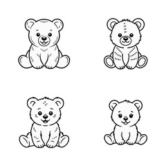 Fototapeta premium Delightful collection of four sitting teddy bear outlines, ideal for children's coloring, playful design, and cute mascots. These friendly bear characters add a sweet, whimsical touch