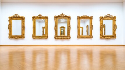 Gold ornate frames mirrors reflection gallery interior