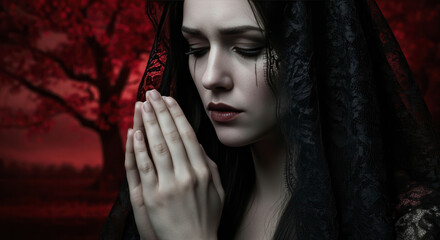 Ethereal Gothic Maiden in Lace Veil, Hands Folded in Somber Prayer Amidst a Crimson Forest