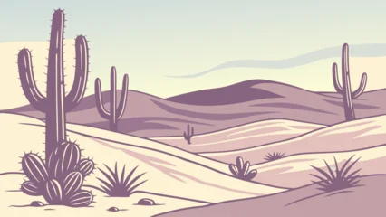 Fotobehang Beige Illustration of a desert landscape with cacti and sand dunes in the distance  © Zia
