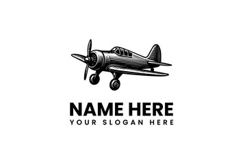 Classic Vintage Propeller Airplane Illustration in Monochrome Style, Perfect for Retro Aviation Logos and Design Projects Representing Historical Flight and Adventure
