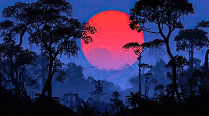 Red Sun Setting Over Jungle Trees