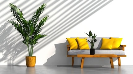 Modern living room scene with a potted plant and yellow cushions.