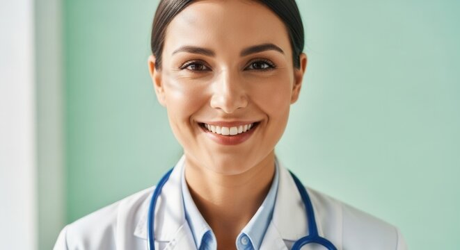A confident female doctor smiles warmly at the camera, wearing a white coat and stethoscope, in a bright medical office setting.