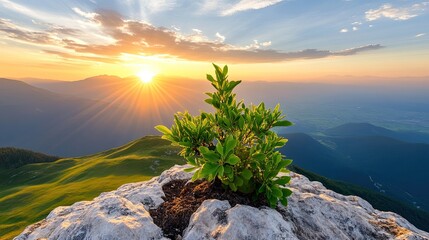 Lush greenery atop a mountain peak at sunrise.