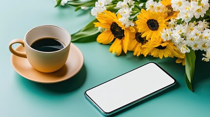 A bouquet of sunflowers and a cup of coffee on a teal surface.