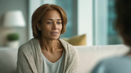 female mentor sharing inspirational story with patient in recovery center muted room soft voice hope encouragement three quarter wide angle cinematic color correction gentle back