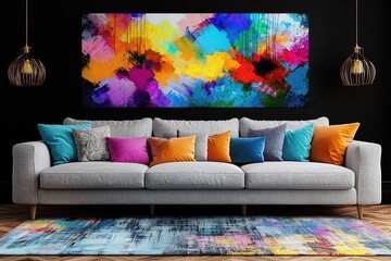 Colorful abstract painting above a modern couch with vibrant throw pillows.
