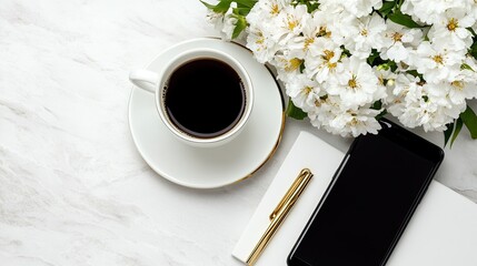White flowers, coffee, a phone, and a pen on a marble surface.