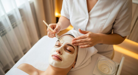 Skilled cosmetologist applies a rejuvenating face mask on a relaxed female client in a tranquil spa.