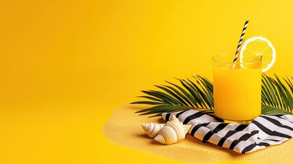 Orange juice drink on a beach-themed backdrop.