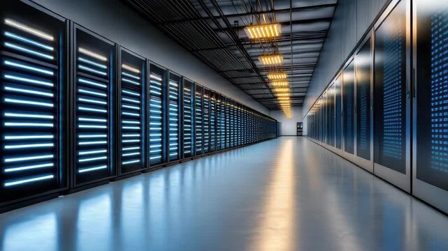 Row of illuminated server rack data center corridor with cool blue lighting and reflective floor