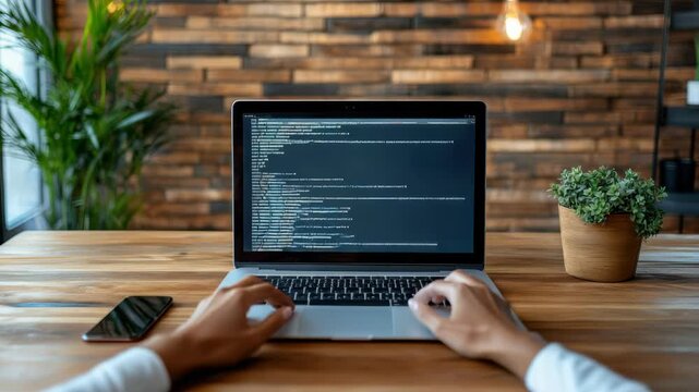 Hands typing on laptop code in cozy wooden workspace with programmer phone plant workspace