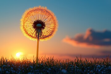 A dandelion seedhead against a vibrant sunset.