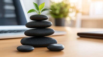 Zen stones laptop plant office desk
