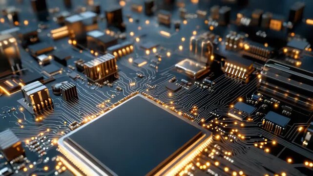 Golden glowing microchip circuit board motherboard processor semiconductor electronic component