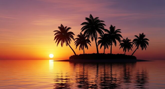 Dreamy sunset with palm trees silhouetted on a tropical island creating a vibrant and stunning tropical paradise sunset landscape for travel and vacation inspiration