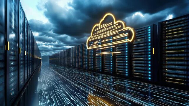 Neon cloud icon above server racks dark data center corridor with glowing neon cloud over networked