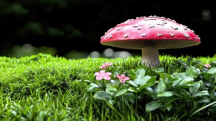 Vibrant red mushroom in a field of green grass and pink flowers.