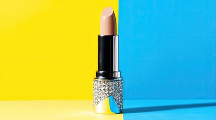 Light beige lipstick against a vibrant color background.