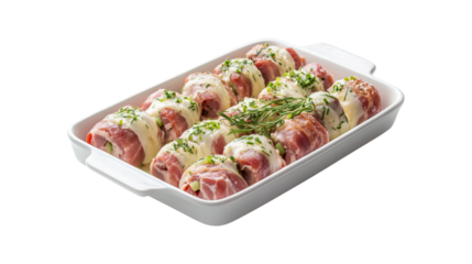 Bacon wrapped meat rolls with cheese isolated on a transparent background
