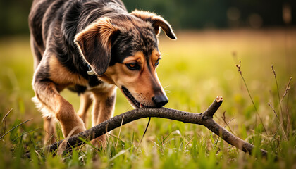 Dog playing with stick in grassy field during sunny day