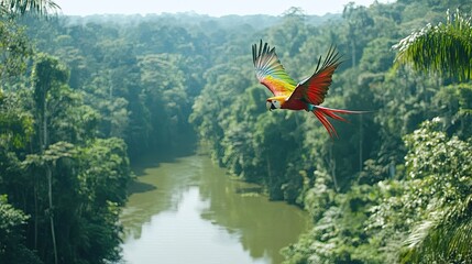 Macaw Flying over Rainforest River