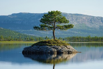 Peaceful lake scene with solitary pine tree on a small island.