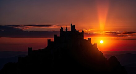 Obraz premium Stunning castle silhouette against vibrant sunset sky evoking fairy tales, fantasy worlds, history and adventure, perfect for book covers and travel promotion
