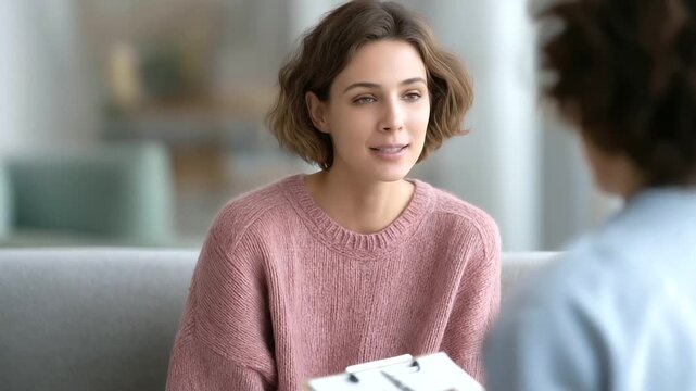 female psychiatrist offering encouraging feedback to patient reviewing progress chart soft keystrokes supportive care three quarter wide angle cinematic color correction gentle