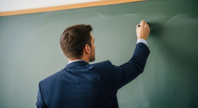 A businessman in a suit writes on a chalkboard in a classroom. The scene conveys a professional and educational atmosphere.