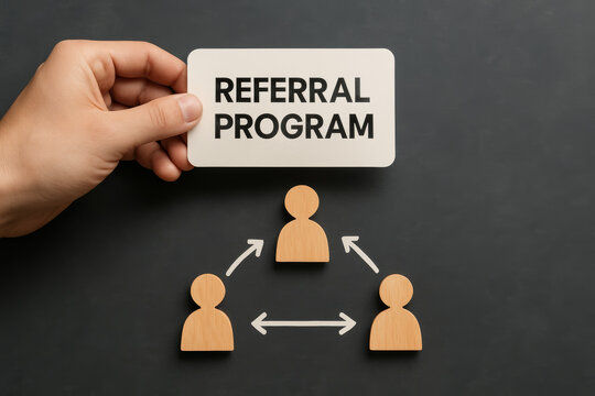 Hand holding referral program sign over network diagram. business marketing incentive for customer growth and strategy