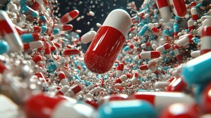 Colorful capsules in a dynamic, swirling mass.
