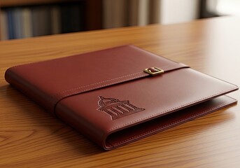 Elegant leather portfolio with custom emblem resting on a wooden desk, perfect for showcasing business documents or creative presentations in style, executive appeal