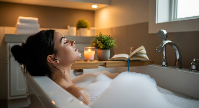 Woman luxuriating in a warm bubble bath, finding tranquility and wellness in her home spa.