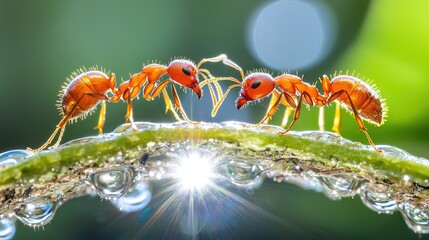 Two ants meeting on a dewy branch