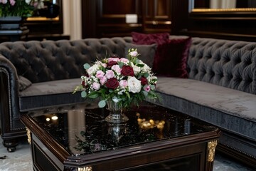 Dark gray velvet sofa with floral centerpiece on a glass coffee table.