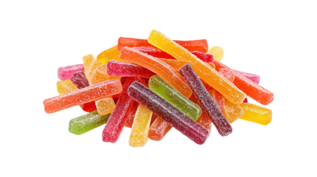 Colorful gummy sticks pile isolated on a transparent background
