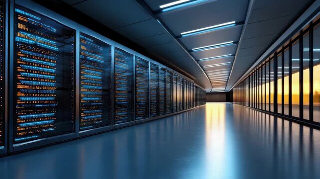 Modern server rack corridor in data center with blue light reflective floor and sleek atmosphere