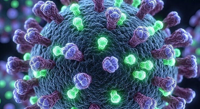 Detailed microscopic view of a virus spreading disease and infection, ideal for medical visualizations or scientific research about global health crises and biology